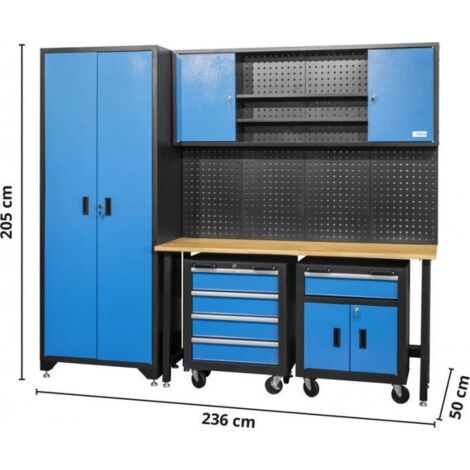 Güde – Ensemble mobilier d'atelier 6 éléments – Armoire 2050mm, établi 1600x500mm, servantes avec tiroirs – Tôle d'acier revêtue par poudre