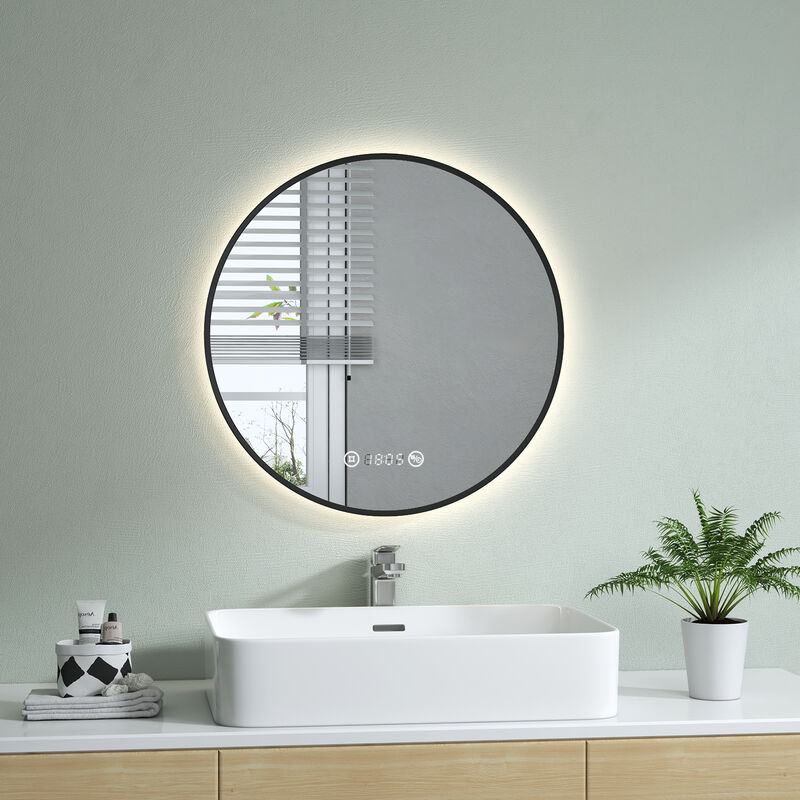 OLM09 Miroir de salle de bain rond avec horloge, antibuée, lumière blanche  chaude 