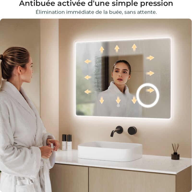 Miroir De Maquillage Lumineux Mural 120x60 Cm Avec LED - Loupe 3X Intégrée - Éclairage Froid 6500K - Interrupteur Tactile Et Mémoire - IP44 étanche