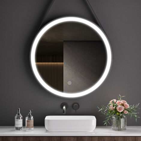 S'Afielina – Miroir lumineux de salle de bain rond 60 cm – Cadre noir étanche IP44 – Interrupteur tactile – Luminosité réglable 6500K