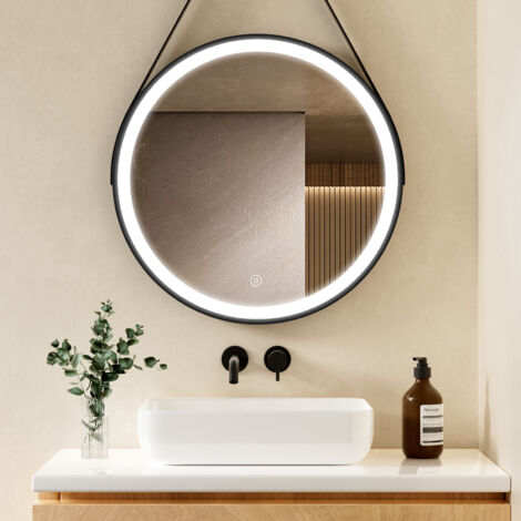 S'AFIELINA Luminaire à éclipse Miroir lumineux de salle de bain LED Rond Miroir Cadre Noir Miroir Mural Miroir Lumineux avec Interrupteur Tactile,Blanc Froid 6500K,∅60 cm