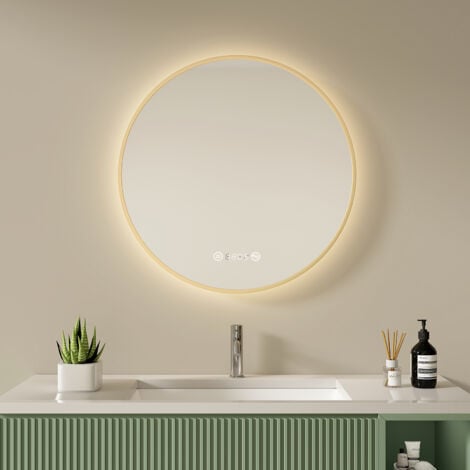 OLM09 Miroir de salle de bain rond avec horloge, antibuée, lumière blanche  chaude 