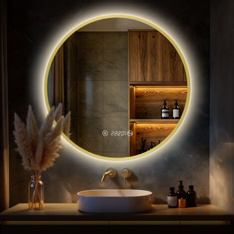 S'Afielina – Miroir lumineux de salle de bain rond 80 cm – Éclairage LED 4300K – Interrupteur tactile – Anti-buée – Cadre en métal doré – IP44
