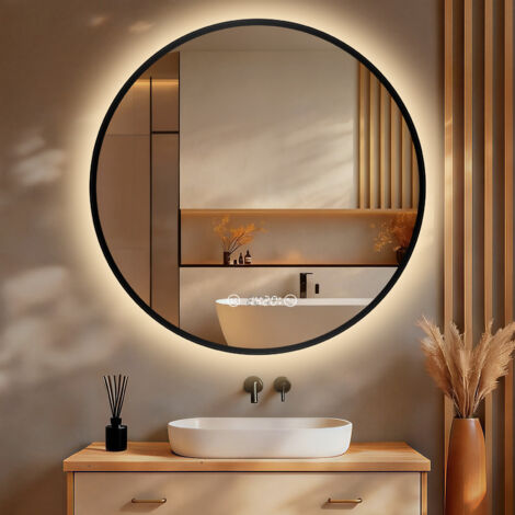 S'AFIELINA Miroir lumineux de salle de bain LED rond éclairé avec interrupteur à bouton tactile Anti-buée Lumière blanche neutre Horloge numérique IP44 (Cadre en métal noir) 80 cm