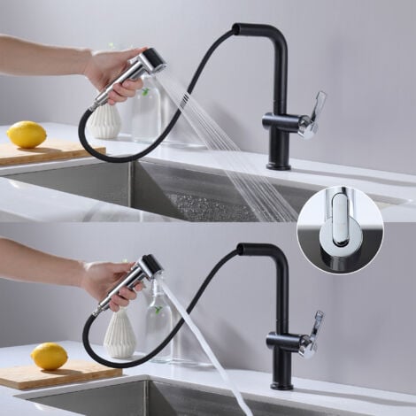 CECIPA Rubinetto Cucina Estraibile, Colore Misto(Nero + Galvanico), Rubinetto per Lavello da Cucina con 2 Modalità di Uscita Dell'acqua, Rubinetto da Cucina Girevole a 360°