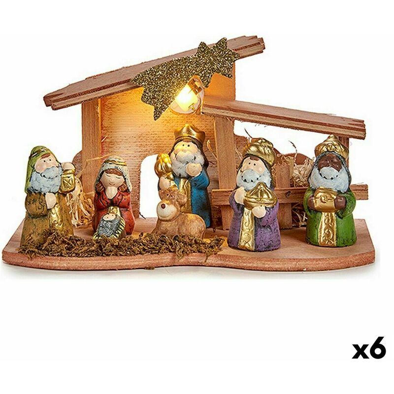 Belén de Navidad Luz LED Cerámica Rojo Gris Madera Marrón (24,5 x 14,5 x  9,5 cm)