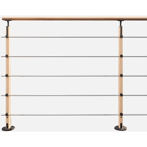 Kordo – Kit garde-corps 2m prêt-à-poser en bois – Fixation à plat – Poteaux en hêtre verni – Tubes en inox – Installation intérieure (1/4)
