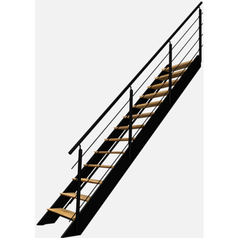 Kordo – Escalier droit en chêne verni et hêtre – 13 marches – Garde-corps en aluminium noir – Éclairage LED intégré – Made in France