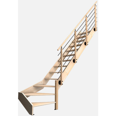Kordo – Escalier quart tournant en hêtre 13 marches – Garde-corps en option hêtre et inox – Kit prêt-à-poser pour installation murale – Garantie 5 ans