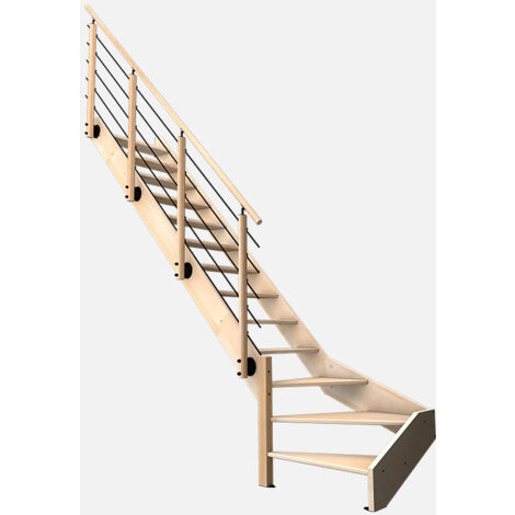 Kordo – Escalier quart tournant gauche en hêtre avec garde-corps inox – 13 marches – Hauteur 2898mm – Largeur 889mm – Prêt-à-poser