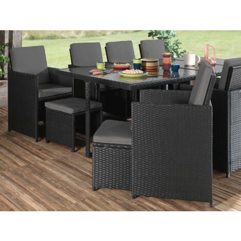 Fira - salon de jardin encastrable 12 places - en résine tressée - noir avec coussins gris + housse de protection