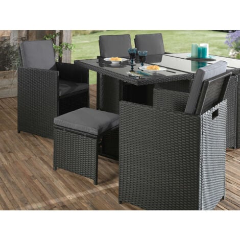 Fira - salon de jardin encastrable 10 places - en résine tressée - noir avec coussins gris + housse de protection