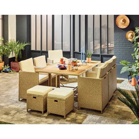 Cuba – salon de jardin encastrable en résine tressé beige - 10 places - coussins beige + housse de protection
