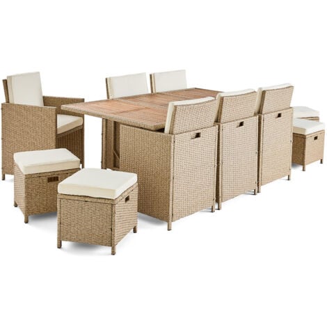 Cuba – salon de jardin encastrable en résine tressé beige - 10 places - coussins beige + housse de protection