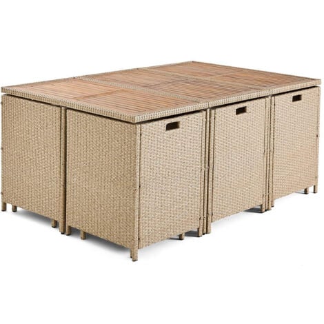 Cuba – salon de jardin encastrable en résine tressé beige - 10 places - coussins beige + housse de protection