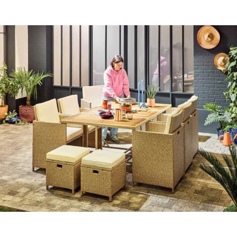 Cuba – salon de jardin encastrable en résine tressé beige - 10 places - coussins beige + housse de protection