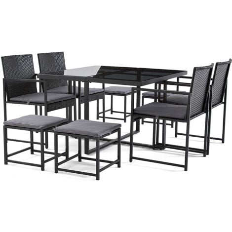 Olaria – ensemble table et chaises de jardin en acier noir - 8 places - coussins gris - noir / gris