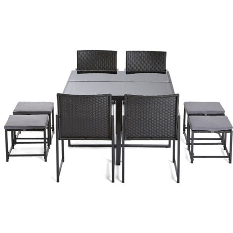 Olaria – ensemble table et chaises de jardin en acier noir - 8 places - coussins gris - noir / gris