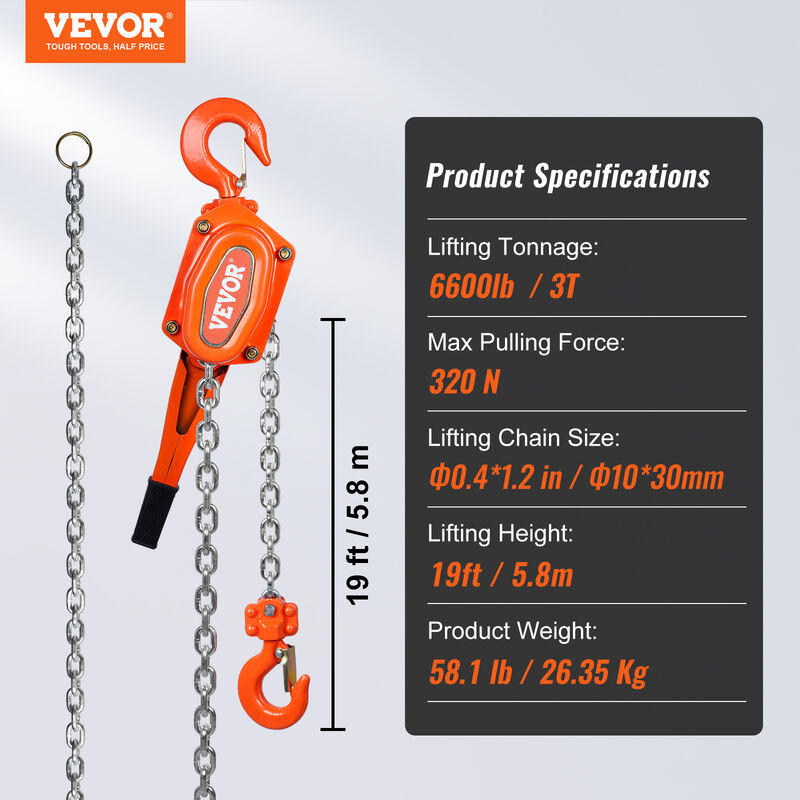 VEVOR Paranco Manuale a Leva Altezza di Sollevamento 58 m Capacitdi Carico  Max. da 3 Tonnellate Forza di Trazione 320 N Paranco a Catena 58 m Manuale  per Sollevamento 3 T in Acciaio al Carbonio