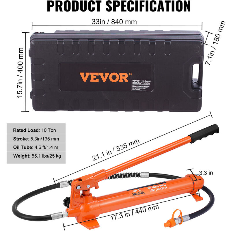 VEVOR Kit di Martinetto Idraulico Carico Max. 10 Tonn. Sollevatore Pompa  per Riparazione Auto Corsa da 135 mm, Kit Utensili Sollevatore Idraulico  Tipo deOlio HV15 Cilindro Q235B Anello di Tenuta TPU