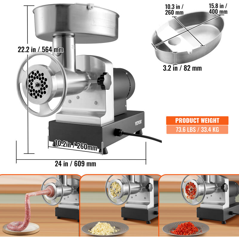 VEVOR Tritacarne Elettrico in Acciaio Inox 575W Capacità Produzione Max.  190kg/H