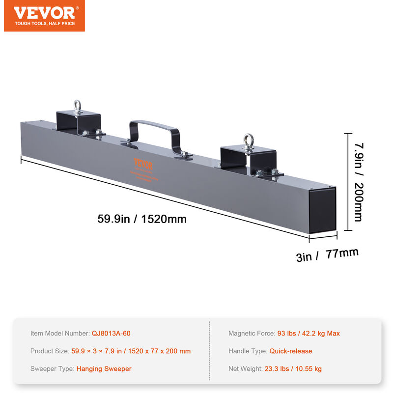 VEVOR Barra Spazzatrice Magnetica Sospesa da Forche per Benne Carico Max.  42,2kg