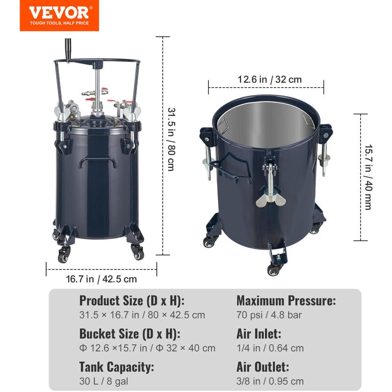 VEVOR Serbatoio Spruzzatore di Vernice Alimentazione a Pressione deAria Regolabile  tra 0-4,8 bar, Spruzzatore per Verniciatura Valvola Doppia Serbatoio da  30L, Serbatoio a Spruzzo Vernice in Acciaio