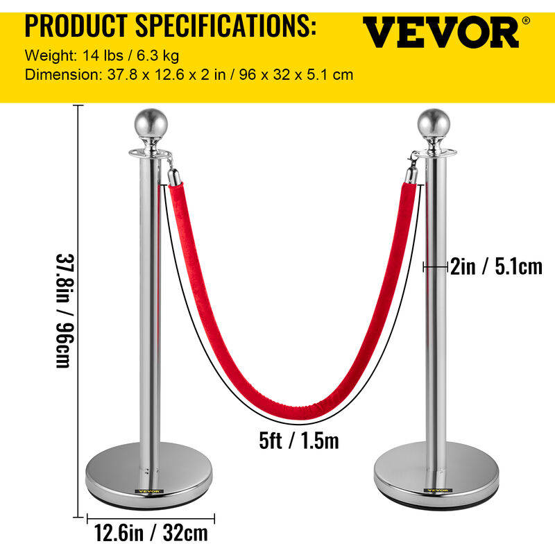 VEVOR Barriere di Controllo della Folla Palo con Corda di Velluto Rosso, 4  Pezzi Paletti per Barriere deArgento con Corda in Flanella da 1,5 m per  Teatri, Hotel, Casinò, Eventi sul Tappeto