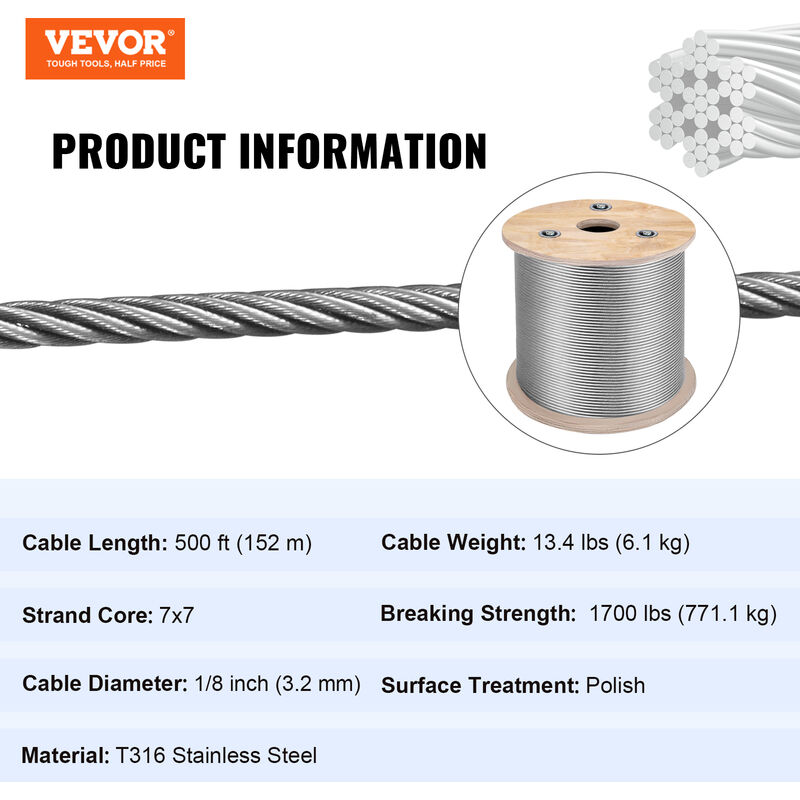 Bobina 50 Piedi VCGAC7B Cavo Fune Metallica Rivestito Vinile Nero, 7x7, Diametro 1/16"-3/32", Bobina Da 50 Piedi Cavo Per Fune VCGAC7B