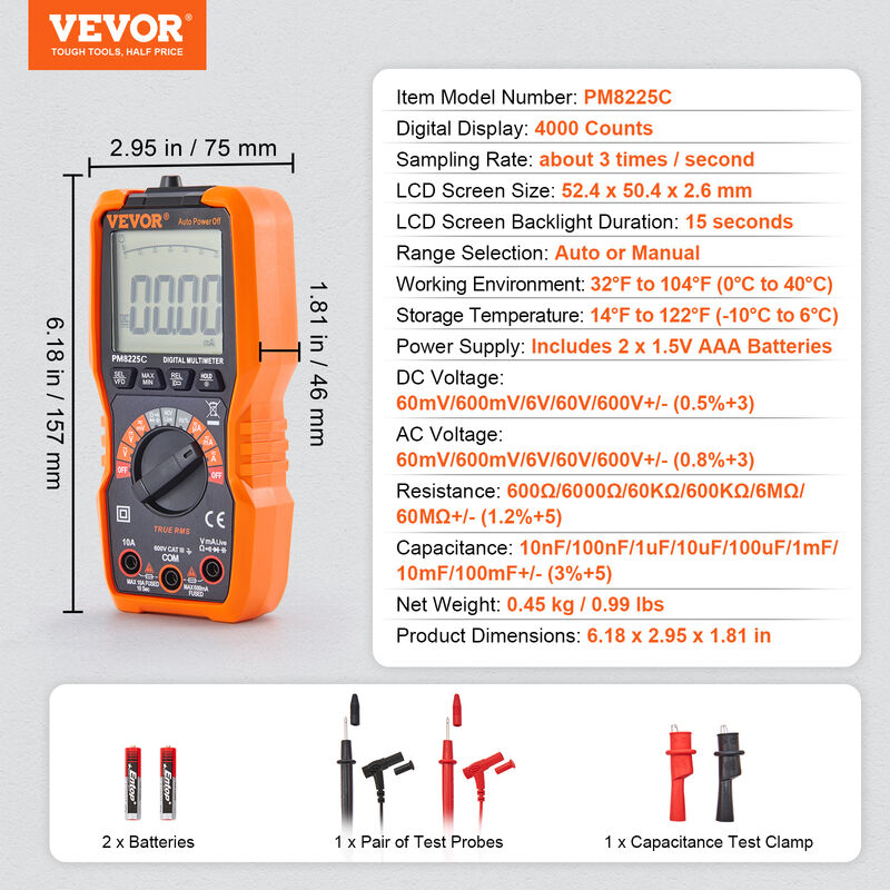 VEVOR Multimetro Digitale, 4000 Conti Voltmetro Amperometro Intelligente Tester  di Continuita Ohm Volt Ampere Meter Tensione CA/CC Corrente Resistenza  Diodo Ampio Display LCD e Retroilluminazione