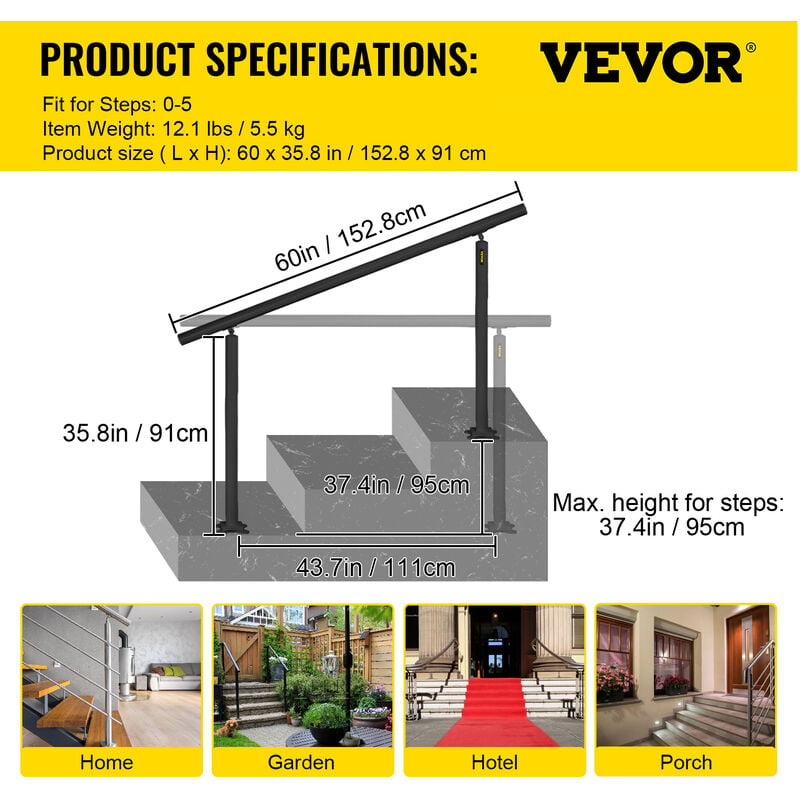 VEVOR Kit di Corrimano per Scale da Esterno Interno Nero in Alluminio  Adattabile 0-5 Gradini, Corrimano con Palo Doppio Lunghezza 152,8cm Altezza  91cm Massimo 5 Gradini, Kit Corrimano in Allumino Nero