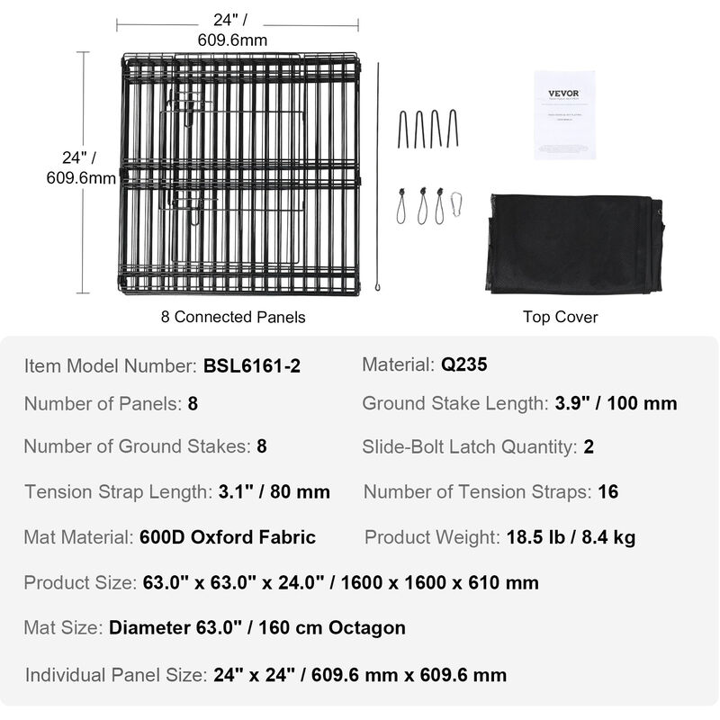 VEVOR VEVOR Box per Cani Recinto per Cuccioli Coniglio Gatti con Copertura  Taglia Piccola e Media 8 Pannelli Pieghevoli Metallici 609,6x609,6 mm Uso Esterno  Interno, Recinto di Gioco per Animali Domestici