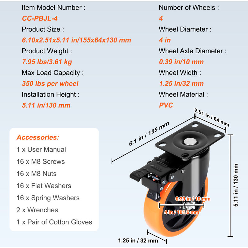 VEVOR VEVOR Ruote Girevoli Set di 4 Rotelle per Mobili Industriali