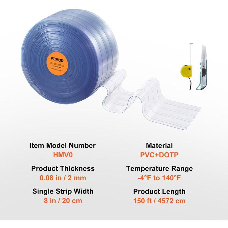 VEVOR Tenda a Strisce in PVC Trasparente Rotolo di Tenda PVC Lunghezza  4572cm per Porta di Magazzini Capanni per Animali Fattorie Commerciale,  Porta a Strisce 20 cm x 4572cm PVC Trasparente -20℃-60℃