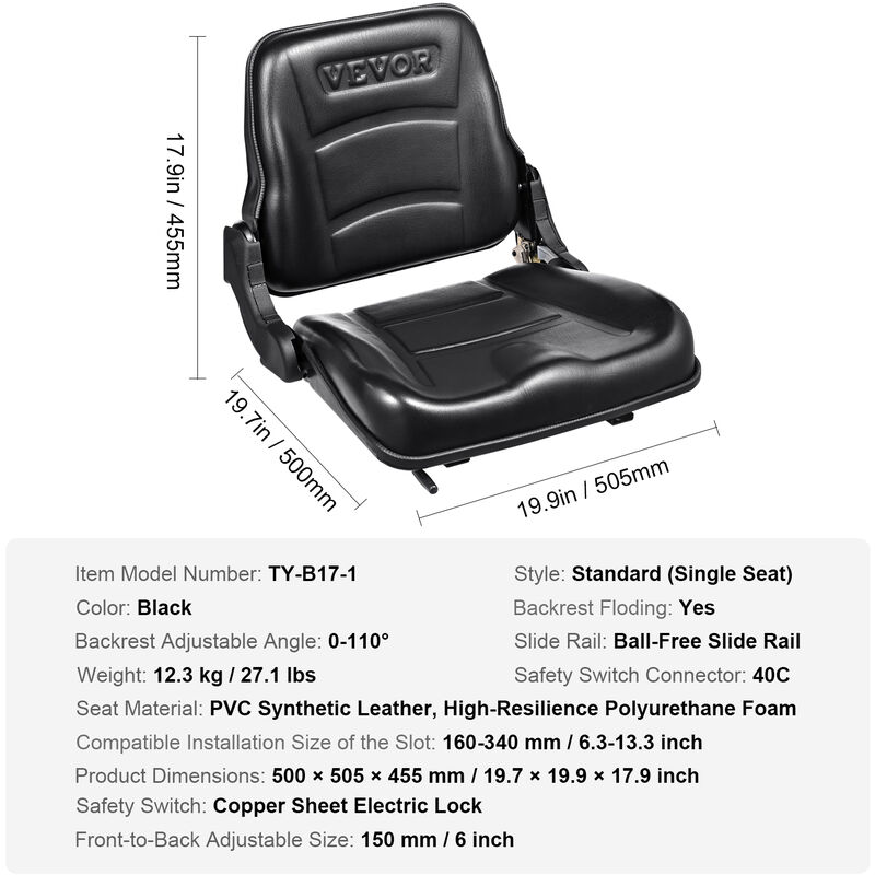 VEVOR Sedile per Carrello Elevatore Trattore Coprisedile Pieghevole per  Trattore con Schienale ad Angolo Regolabile Microinterruttore Fessura  Estesa 160-340mm Sedile Comodo per Caricatore Escavatore