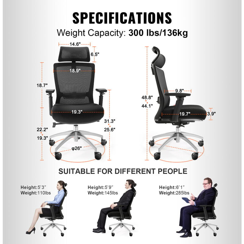 VEVOR Sedia da Ufficio Ergonomica con Supporto Lombare Poggiatesta  Braccioli Regolabili, Sedia con Rotelle da Ufficio Reclinabile Girevole  Sedile Scorrevole per Ufficio Home Office Studio Colore Nero