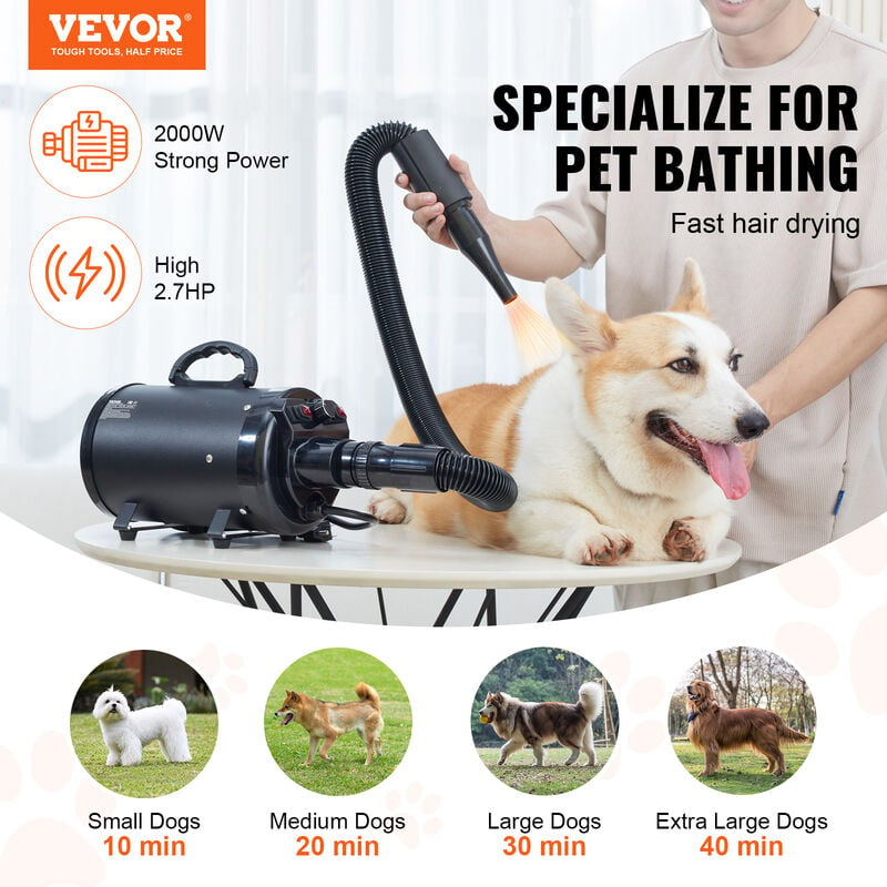 VEVOR Asciugatore Tosatore per Cani Gatti Portatile Potenza 2000W, Aspirapelo  per Cane Gatto Animali Domestici 4 Testine Sostituibili Velocita Massima  del Vento 70 m/s, Asciugatore per Pelo di Animali