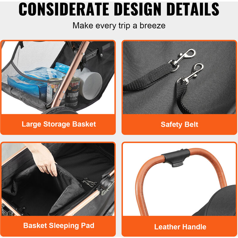 VEVOR Passeggino Per Cani 4 Ruote | Portata 20 Kg | Con Parapioggia E Cestello | Pieghevole E Nero - Foto 6