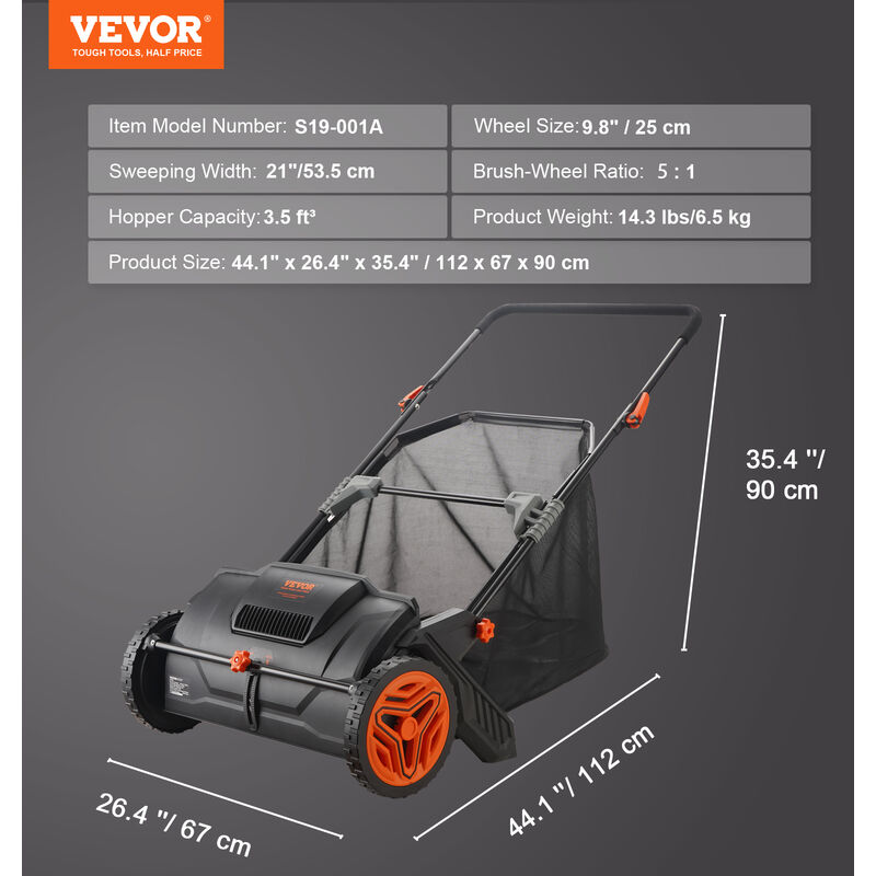 VEVOR VEVOR Rasaerba Manuale per Prato con Cesto Capienza 99L Arieggiatore  per Prato Manuale Sacco di Raccolta Larghezza Taglio 53,5cm, Rasaerba  Spazzola Rotante Altezza Regolabile per Prato da Giardino