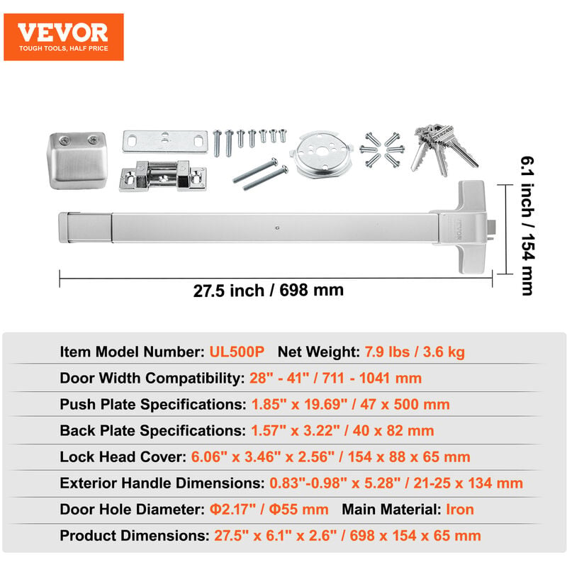 VEVOR Barra a Spinta per Porte di Emergenza Serratura Antipanico per Porte  di Uscita Larghezza tra 71-104cm, Dispositivo Antipanico per Uscite di  Emergenza Adatto per Centri Commerciali Ospedali Hotel