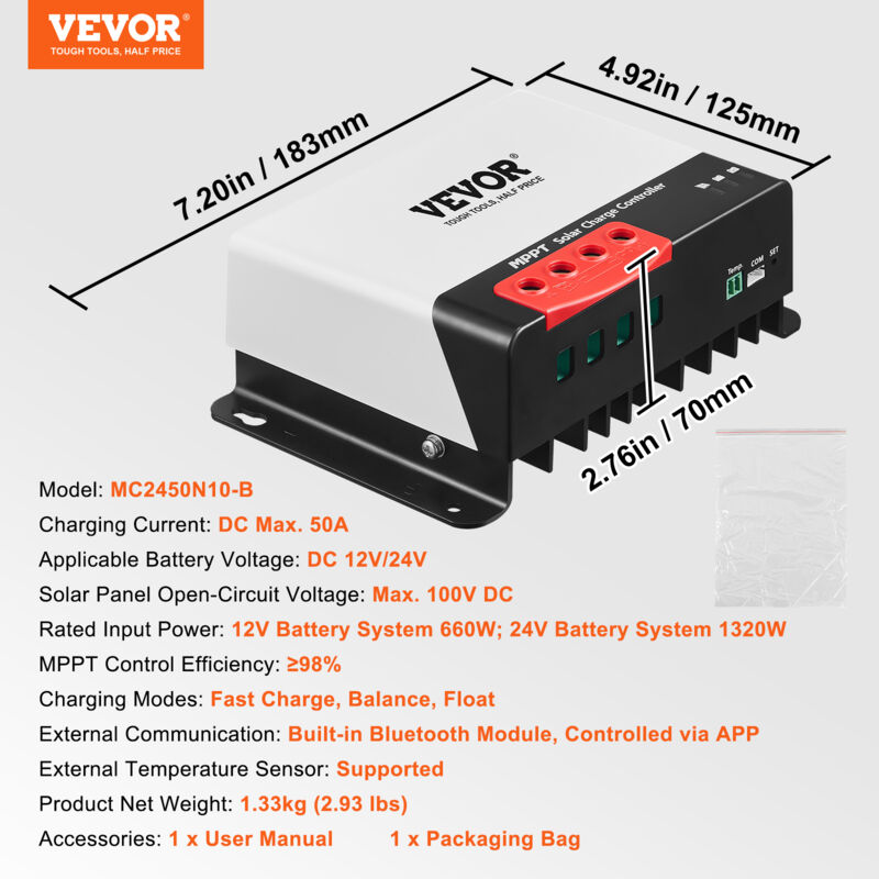Regolatore Di Carica Solare MPPT 12V/24V 20A VEVOR - Efficienza 98%, LCD, Per Pannelli Fino A 520W