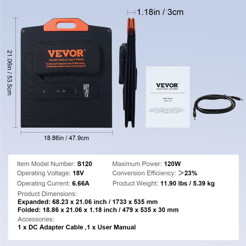 V-TAC Pannello Solare Fotovoltaico Portatile Pieghevole Universale - 120W - Monocristallino - Ricarica Power Station - Cavi Solari E Connessione XT60, DC - Porte USB-A E Type-C - Impermeabile IP67 - 9
