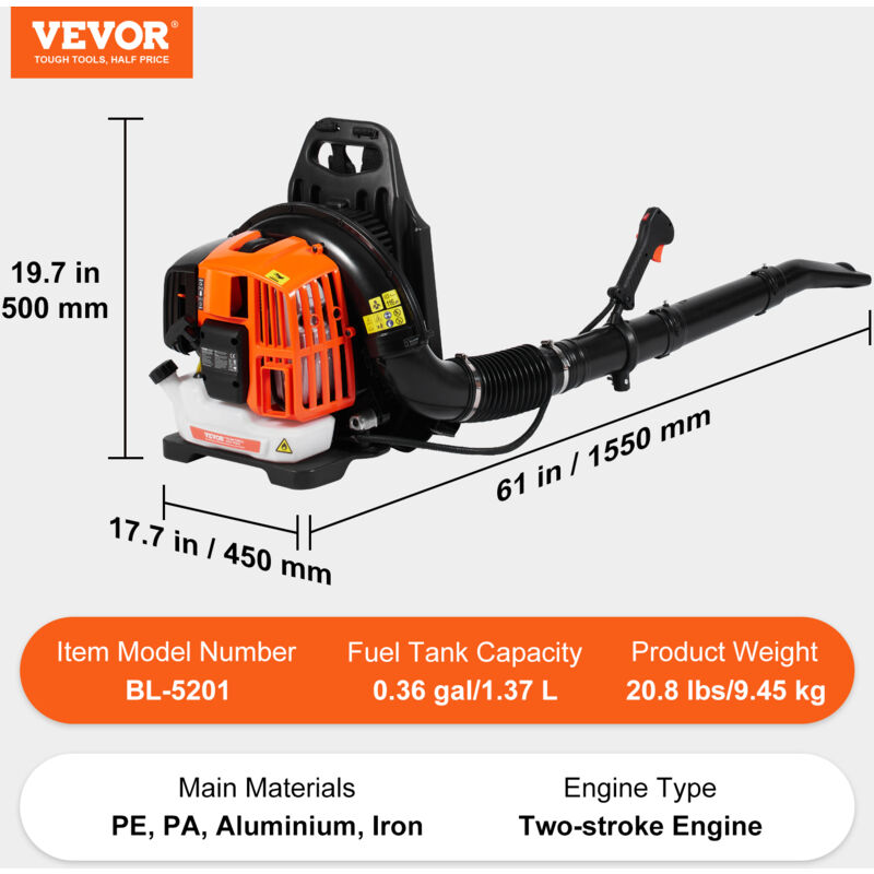 Soffiatore Per Foglie A Gas VEVOR 26 CC - Portatile, 425 CFM, 95 MPH, Con Funzione Aspirazione, Per Giardino E Rimozione Neve