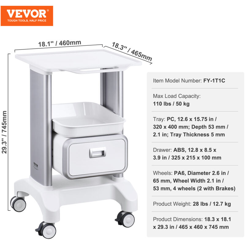 Carrello Medico Mobile A 2 Ripiani - Con Cassetto E Ruote, Per Laboratorio, Ospedale O Casa - Foto 3