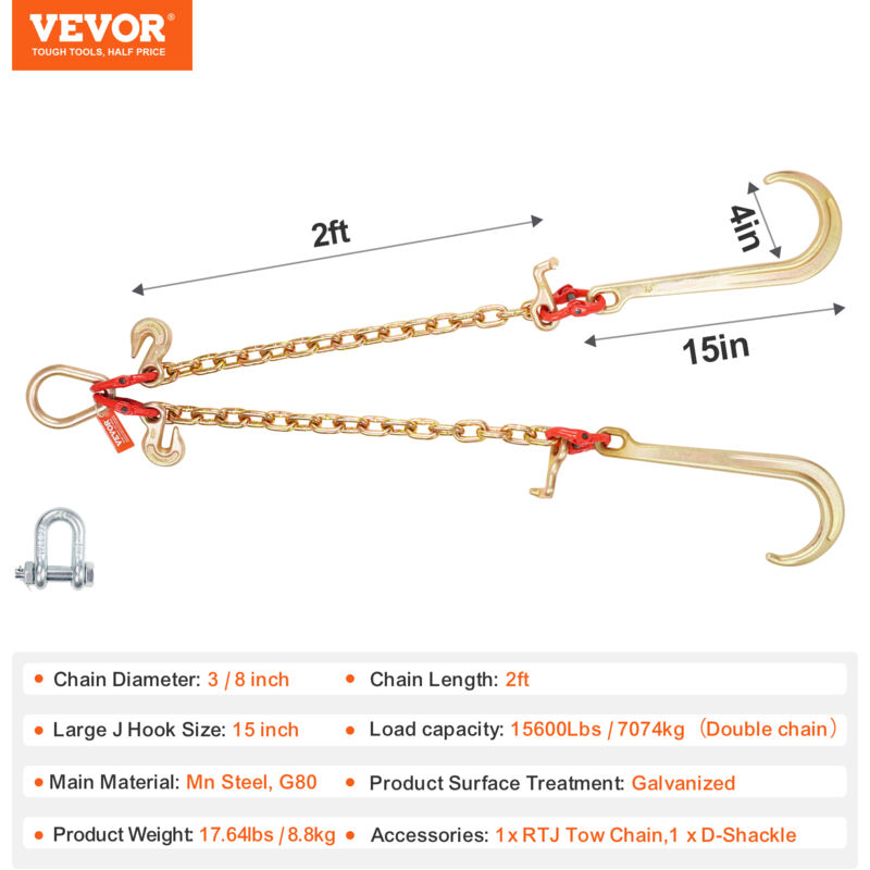 Catena Traino VEVOR Con Ganci J - Capacità 7074 Kg, 10 Mm X 90 Cm, Grado G80 Per Rimorchi E Recupero - Foto 5