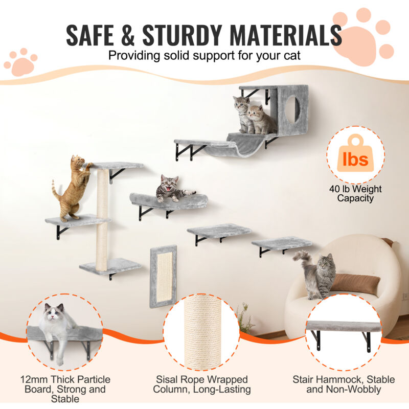 Set Mobili Per Gatti A Parete - Letto E 3 Gradini, Per Dormire, Giocare E Arrampicarsi (Colore Scuro) - Foto 6