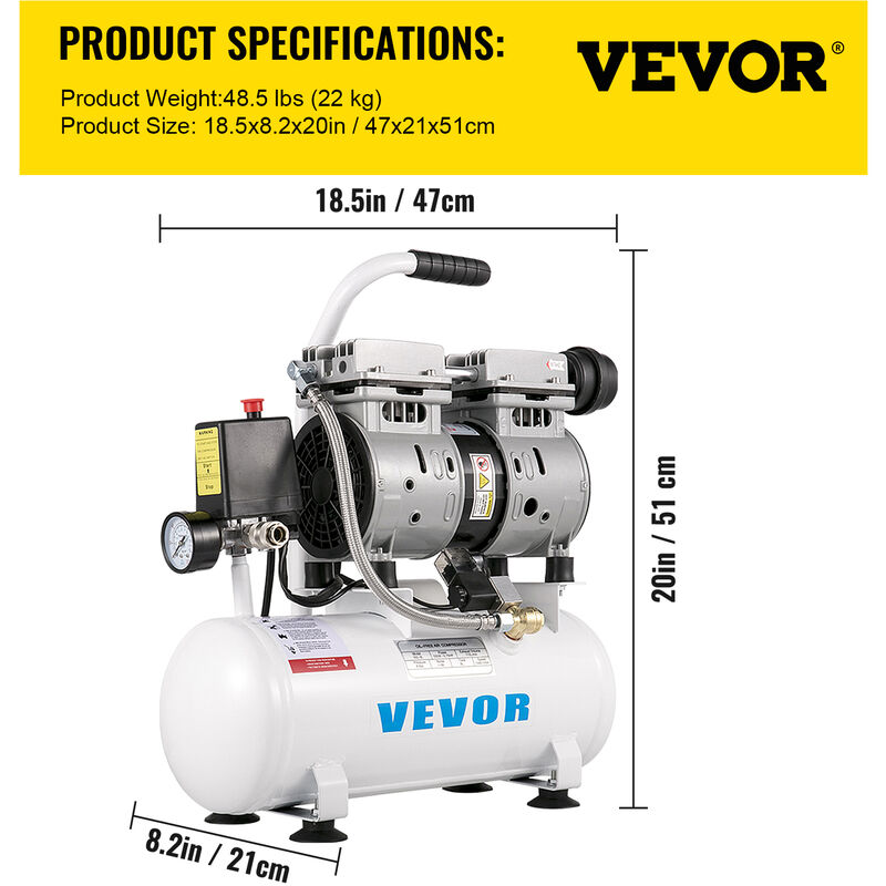 VEVOR Compressore Silenzioso 550W, Compressore de Aria Oil-free 9 L,  Pressione 8 Bar, Compressore deAria Silenzioso 220V, Compressore Aria  Portatile, Rumorosita: 58 dB, per Esigenze di Gonfiaggio