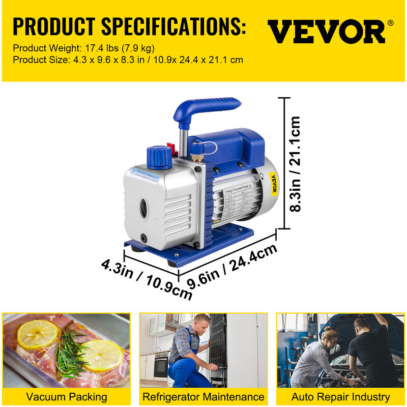Pompa Per Vuoto VEVOR 3CFM 1/4HP - Per Refrigerazione, Con Manometro, Portata 85 Lt/min, Per R12/R22/R134a - Foto 6