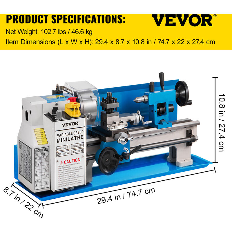 VEVOR Torni da Banco, 7 x 14 Pollici 550 W 0-2250 RPM Tornio in Metallo a  Velocita Variabile con Ingranaggi in Nylon per Lavori di Lavorazione, Come  Tornitura Controfacciata, Foratura, Filettatura