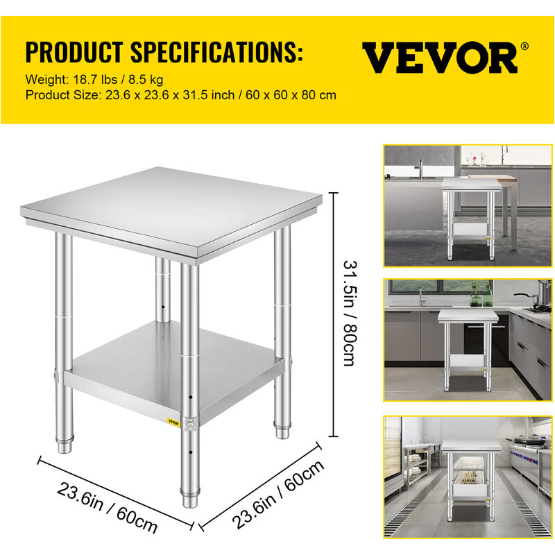 VEVOR VEVOR Tavolo Acciaio Inox Professionali 14kg Tavolo da Lavoro per  Cucina 122 x 61 x 85 cm Gastronomia Tavolo da Lavoro, Capacità di Carico  100 kg Piano Lavoro Commerciale per Ristorante